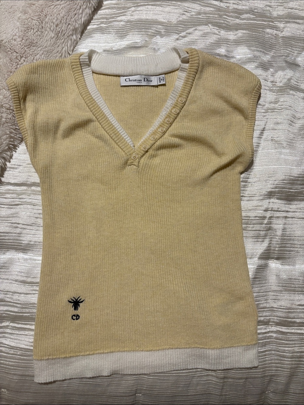 Dior Yellow Knit V-Neck Top with Cream Trim sz Sm